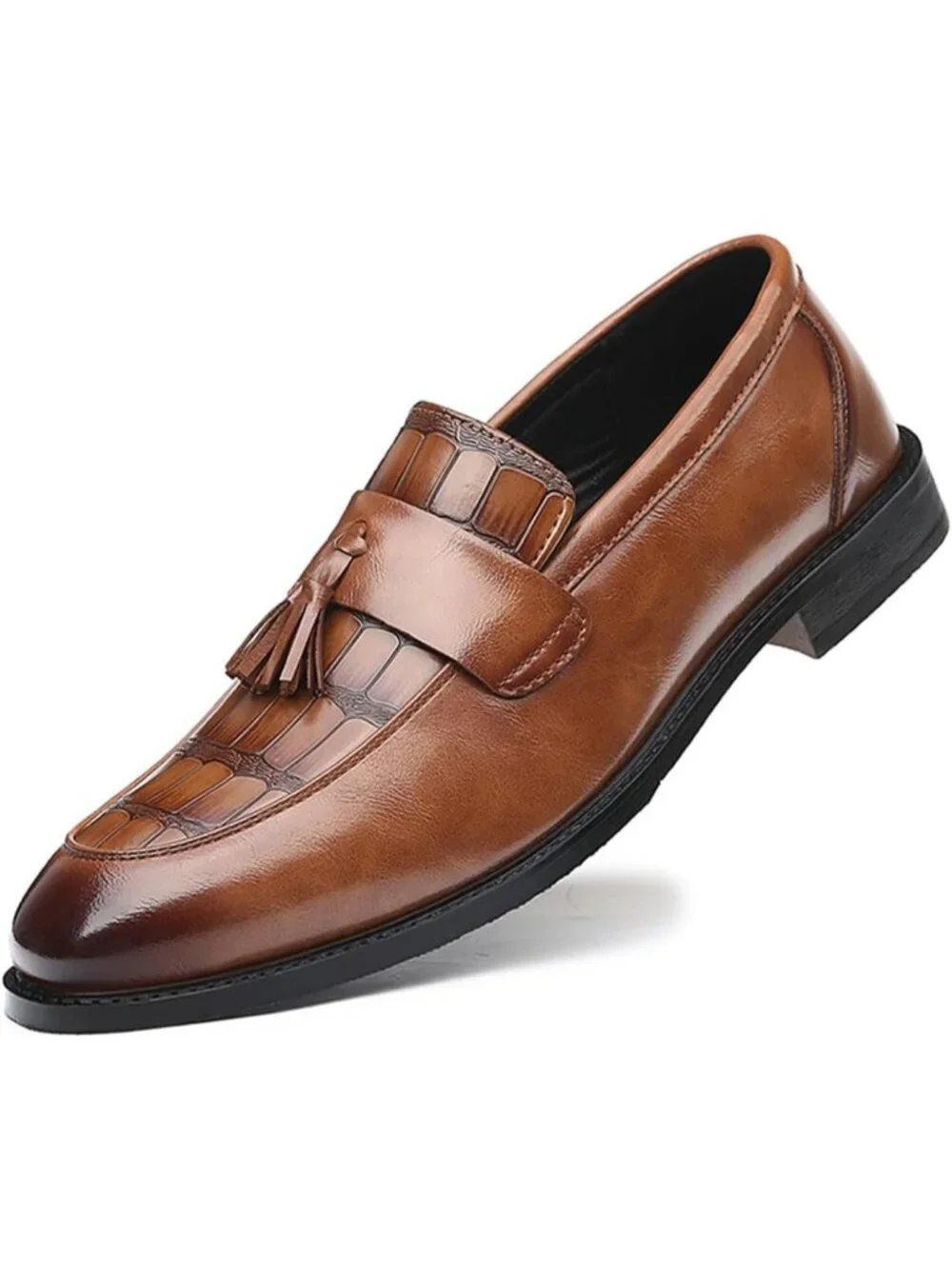 Men's Brown Crocodile Print Tassel Slip On Loafers Business Formal Dress Shoes